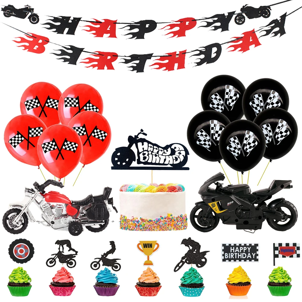 Motorcycle Cake Cupcake Toppers Racing Party Latex Balloons Happy Birthday Banner Motocross Themed Men Boy Party Decorations