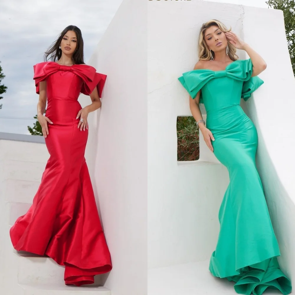 

Customized High Quality Off-the-shoulder Mermaid Floor Length Evening Dresses Bows Satin Customized