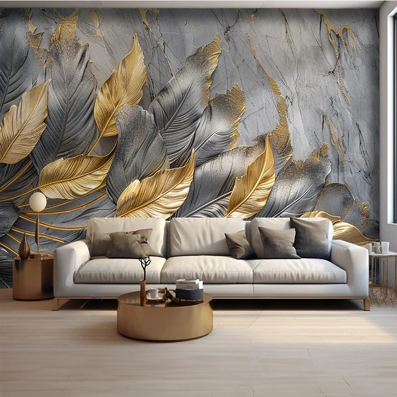 Custom Mural Wallpaper Creative Golden Leaf Feather Fresco Art Wall Painting Living Room Bedroom TV Backdrop Home Decor Poster