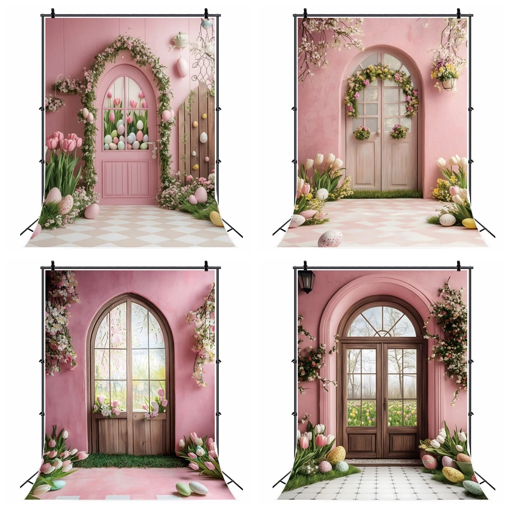 

Spring Easter Kids Portrait Backgrounds for Photographs Pink Wall Wood Door Flower Baby Shower Decor Backdrop Photobooth Props