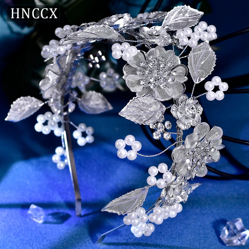 HNCCX Silver Color BrIde Hair Hoop Wedding Flower Hair Jewelry Handmade Pearl Headband Women Party Hair Style Accessories CP790