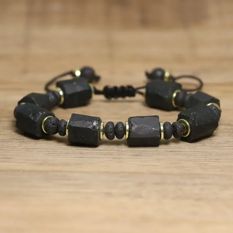 Black Hexagon Bead Bracelet - Hand-Knotted with Gold Metal Rings & Adjustable Rope Closure, Natural Porous Texture &Unisex Style