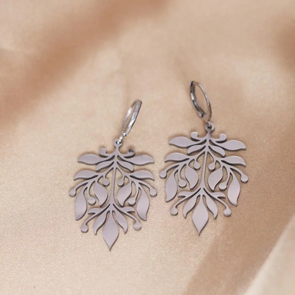 QIAMNI Vintage Leaf Huggies Hoop Earrings for Women Girls Stainless Steel Flower Leaf Drop Earring Birthday Jewelry Gift Bijoux