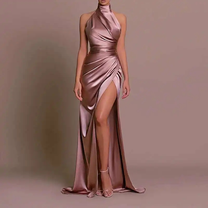 

2025 женское вечернее сексуальное плиссированное тонкое платье без рукавов с воротником-стойкой и высокой талией, модные однотонные длинные платья с разрезом