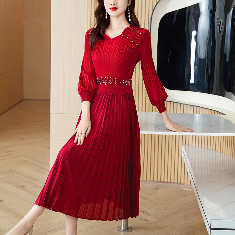 

Women Korean Bodycon Pleated Autumn Winter Red Patchwork Floral Long Dress 2024 Elegant Dance Party Dresses