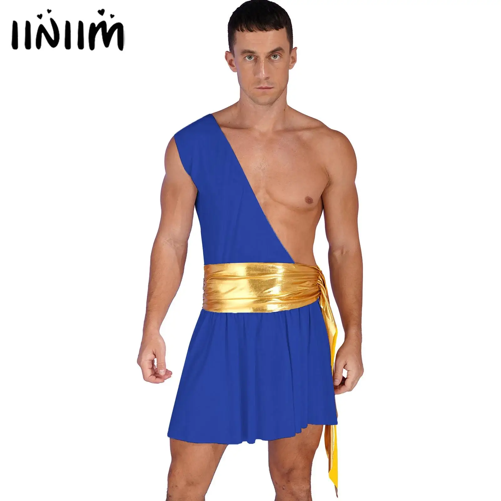 

Mens Roman Gladiator Ancient Greek God Roleplay Costume Ruffle Dress Metallic Ruched Belted Dresses Halloween Cosplay Outfit