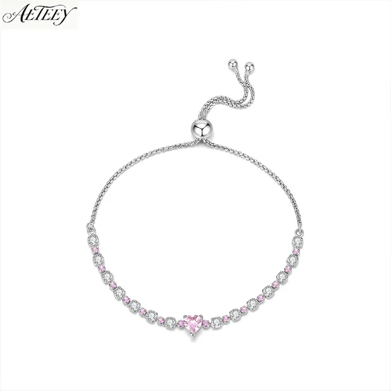 AETEEY S925 Silver Full Zircon Heart Bracelet Pull Adjustable Light Luxury Women Wrist Jewelry