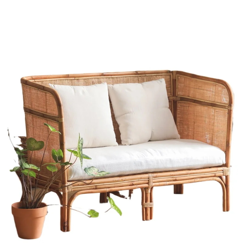 American country handmade solid rattan sofa, wabi-sabi retro living room backrest rattan double sofa chair