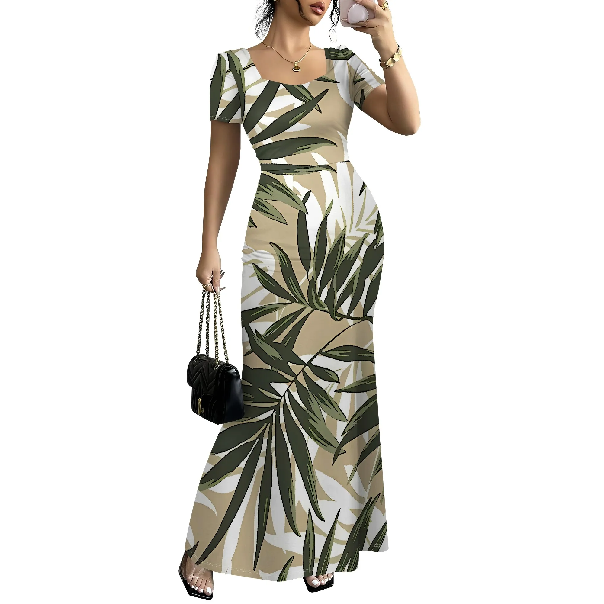 Nupusa Tropical Leaf Print Dress for Women Standard Size Summer Casual Square Neck Short Sleeve Maxi Dress