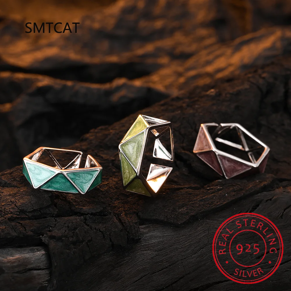 925 Sterling Silver Multicolor Enamel Stackable Geometric Triangle Ring Adjustable For Women Irregular Party Jewelry RHR1193