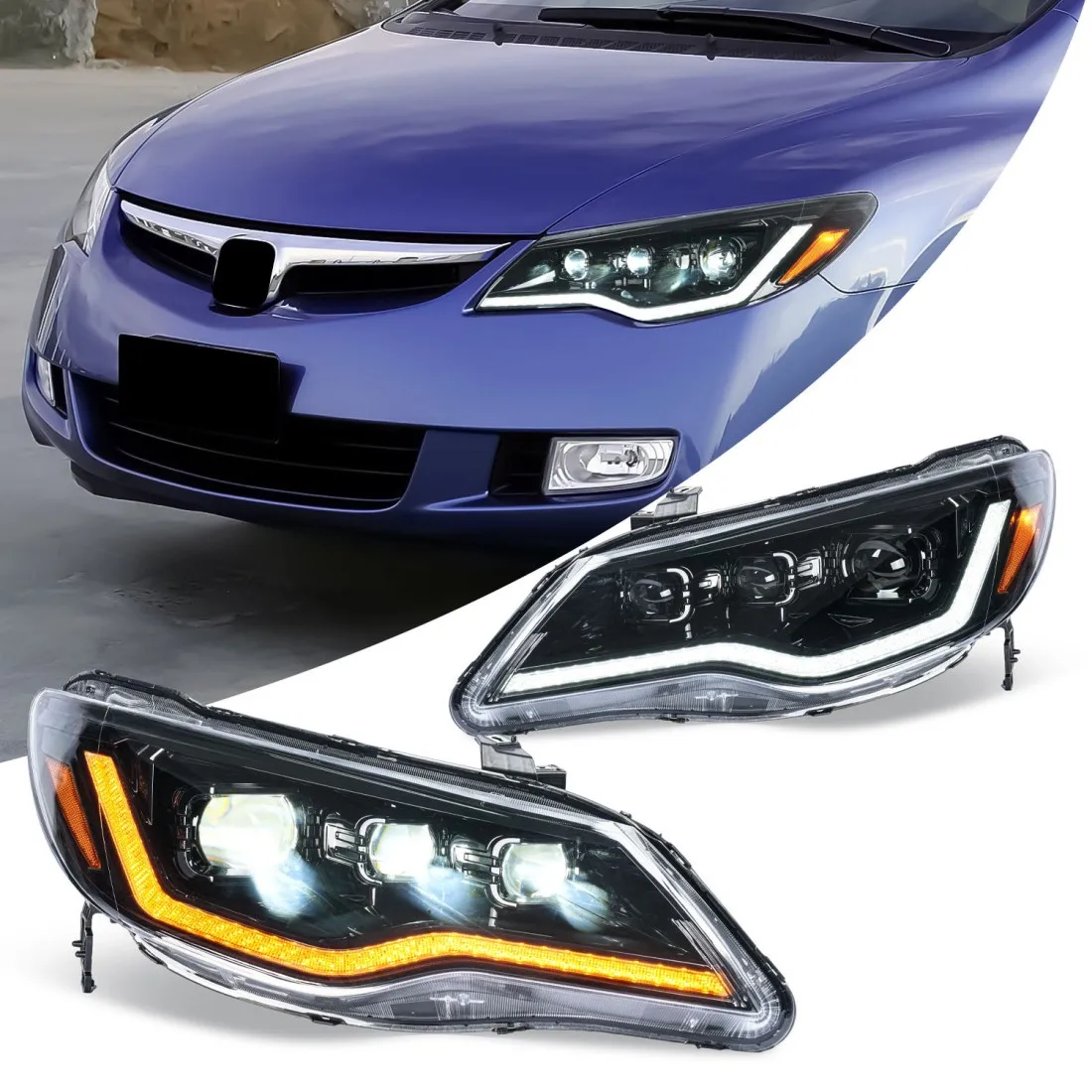 LED Headlight For Honda Civic 2006-2011 FD2 Type-R 8th Gen Sequential Turning Signal