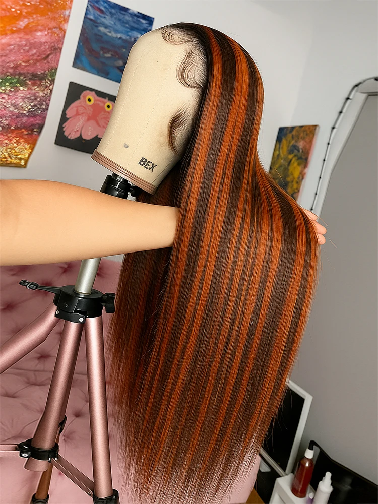 

Bone Straight #4/350 Orange Ginger With Brown Omber Highlight Wig 16-32 Inch 5x5 Ready To Wear Glueless Human Hair Wigs On Sale