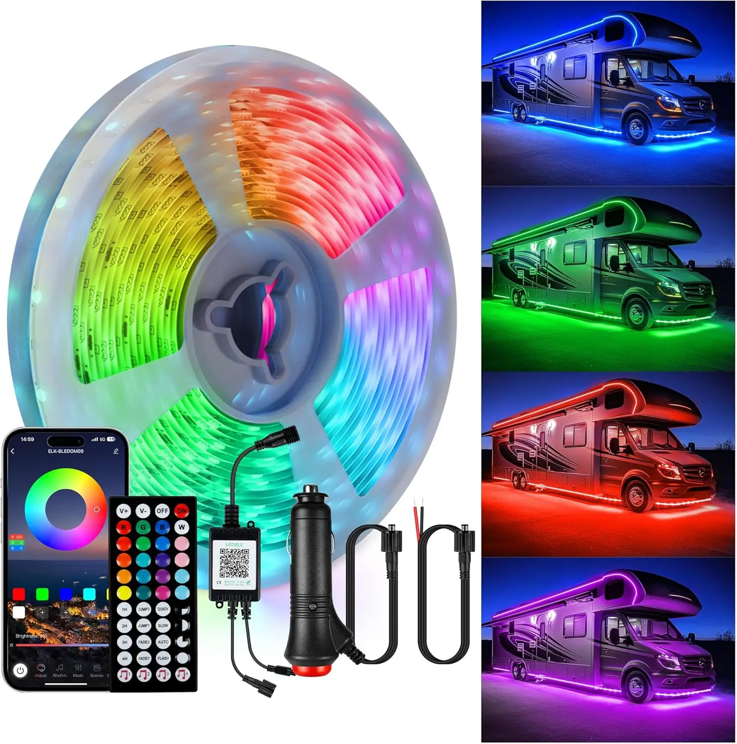 

Светодиодная лента для маркизы автодома, 20 футов, 12В, с пультом ДУ и управлением через приложение, водонепроницаемая RGB-подсветка для экстерьера автодома