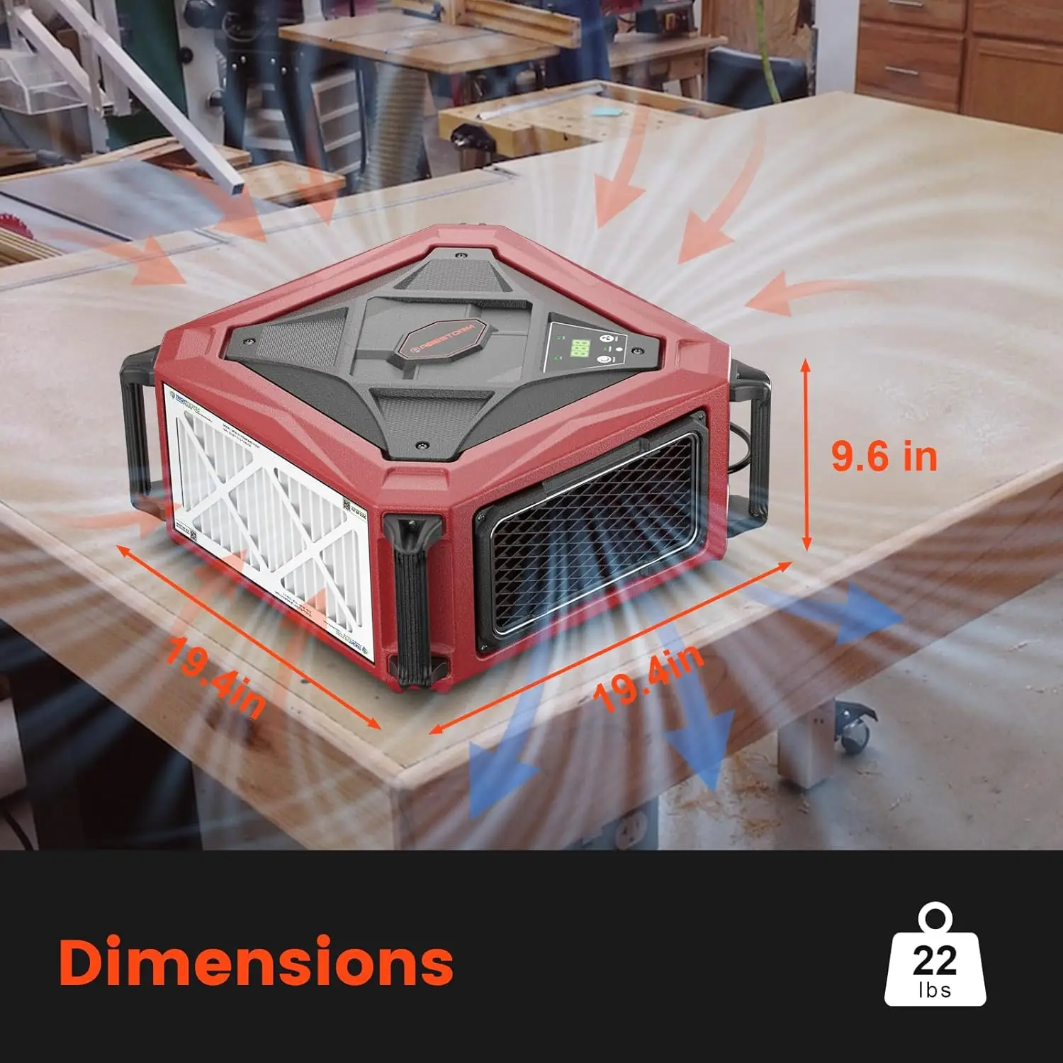 نظام تنقية هواء مدخل 1080 CFM، مجمع غبار ورشة عمل 270 درجة مع جهاز تحكم عن بعد، مثبت على السقف