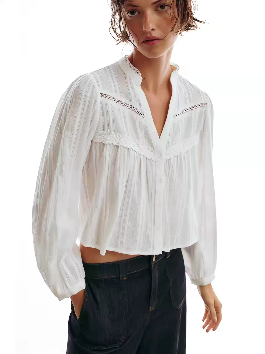Spring New Arrival Women's Long Sleeve V-Neck Pure Color Lace Trim Short Shirt Ethnic Stage Costume for Young Women 18-25