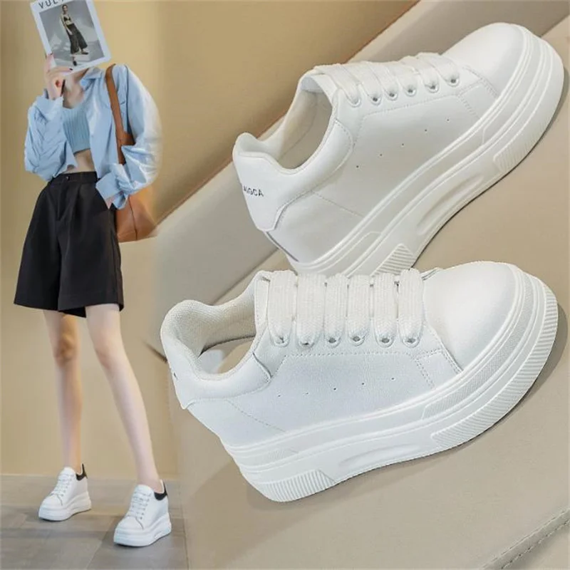 10cm Genuine Leather  Women\'s White Shoes Trendy Shoes New Women\'s Shoes Versatile Student Flat Casual Board Shoes Sneakers