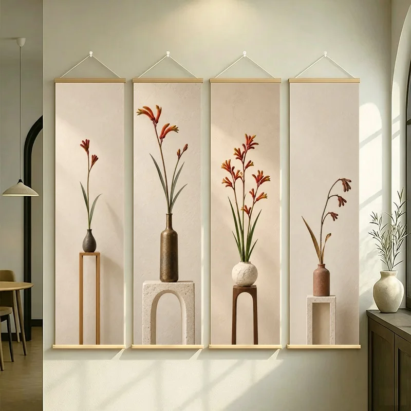 Red Floral Wall Art 4-Panel Tall Flower Vase Hanging Scroll Set on Cream Silver Shimmer Canvas for Warm Entryway Home Decor