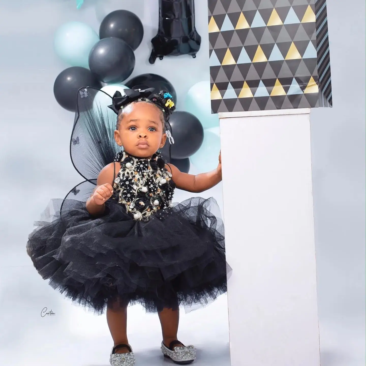 

Black Kids Birthday Dresses High Neck Beading Flower Girl Dresses for Wedding Party Baby Girls Prom Gowns for Photoshoot