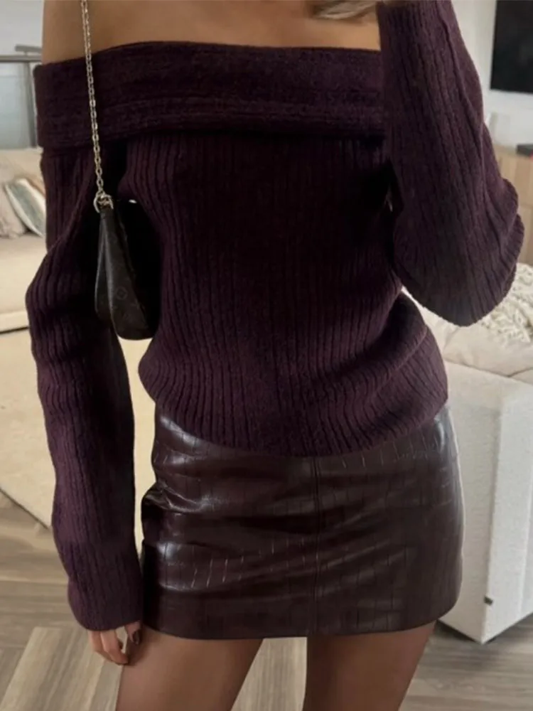 Chic Wine Red Off Shoulder Knit Pullover Women Fashion Long Sleeves Slim Short Sweater 2024 Autumn New Lady Commute Knitwear Top