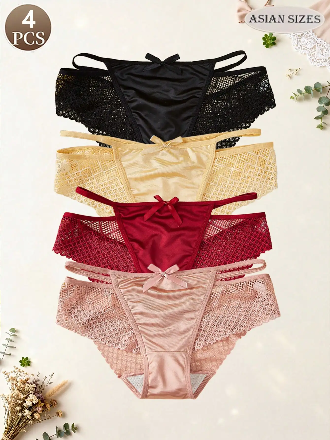 4-teiliges sexy Spitzen-Patchwork, ausgeschnittene Schleife, überkreuzte Damenunterwäsche, nahtlos und bequem, Party- und Urlaubs-Damen-Tri