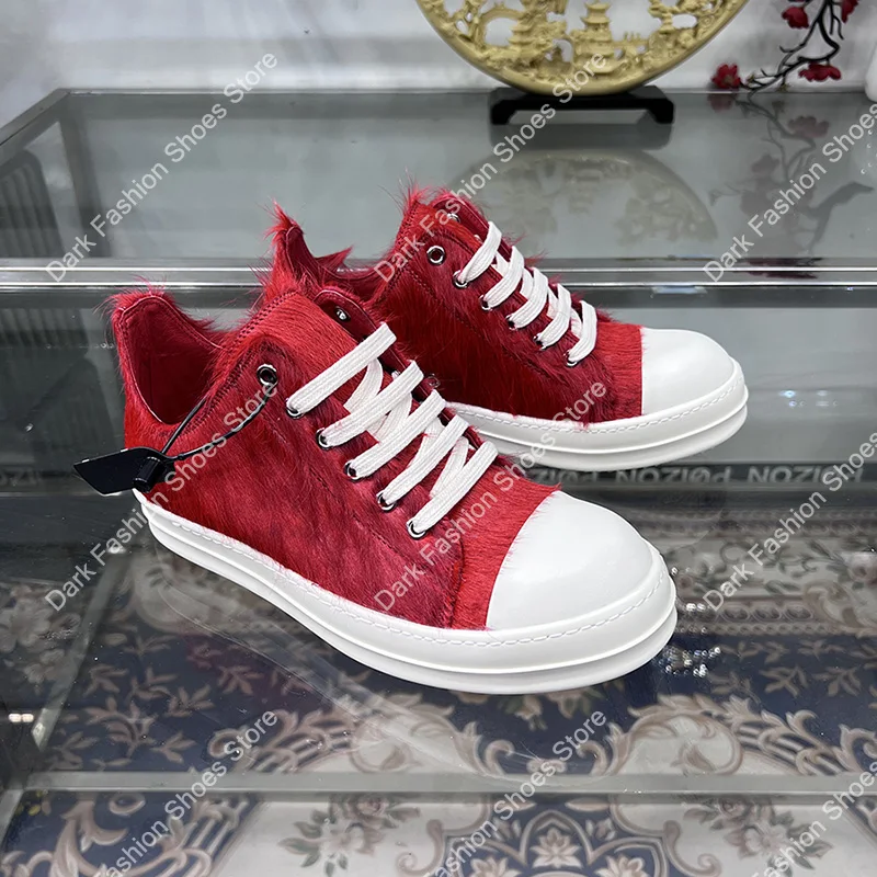 24ss New Horse Hair Low Top Quality Casual Shoes Dark Red Men Genuine Leather Thick Sole Lace Up Luxury Sports Ro Women Sneakers