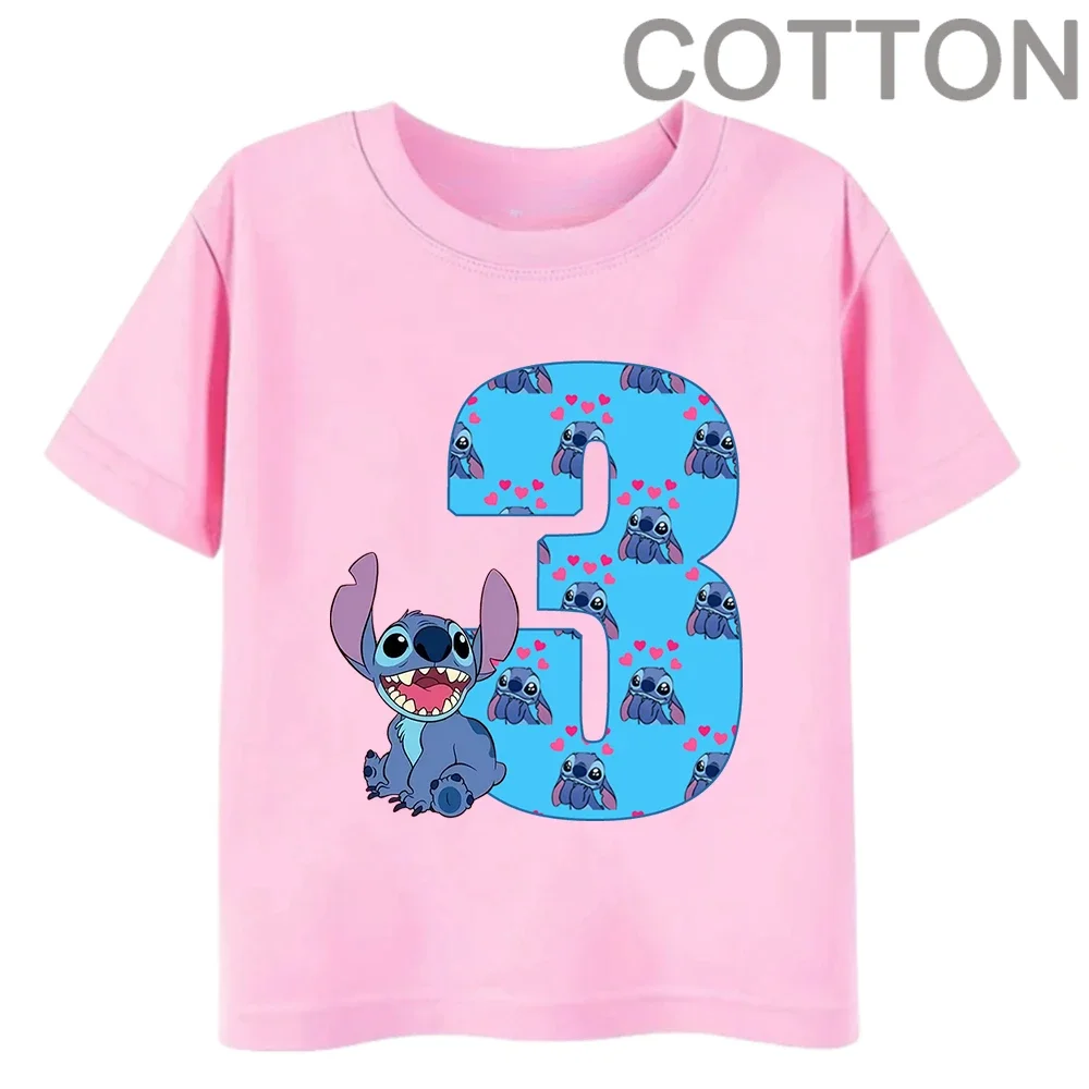 

Cotton Children T-Shirt PINK Stitch Disney Digit 1 2 3 4 Name Combination Baby Tee Cartoons Kawaii Kid Casual Girl Boy Clothes