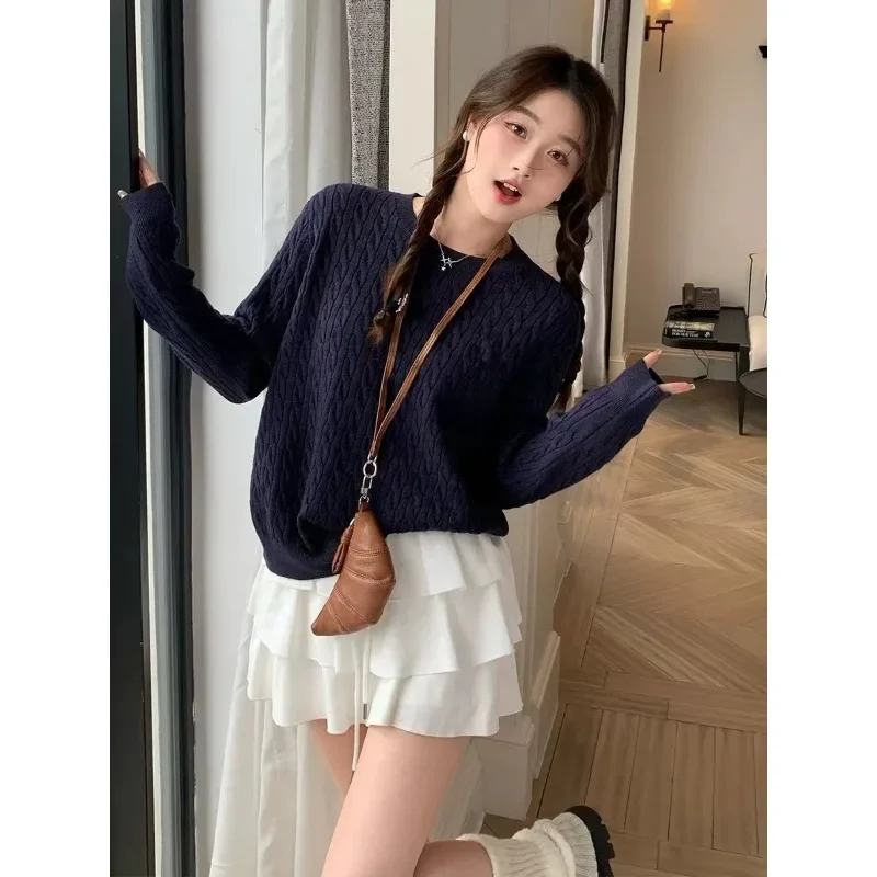 Loose Simple Pullover Women's Knittied Base Tops Autumn Winter New 2024 Fashion Fried Dough Twists Solid Color Sweater 31208