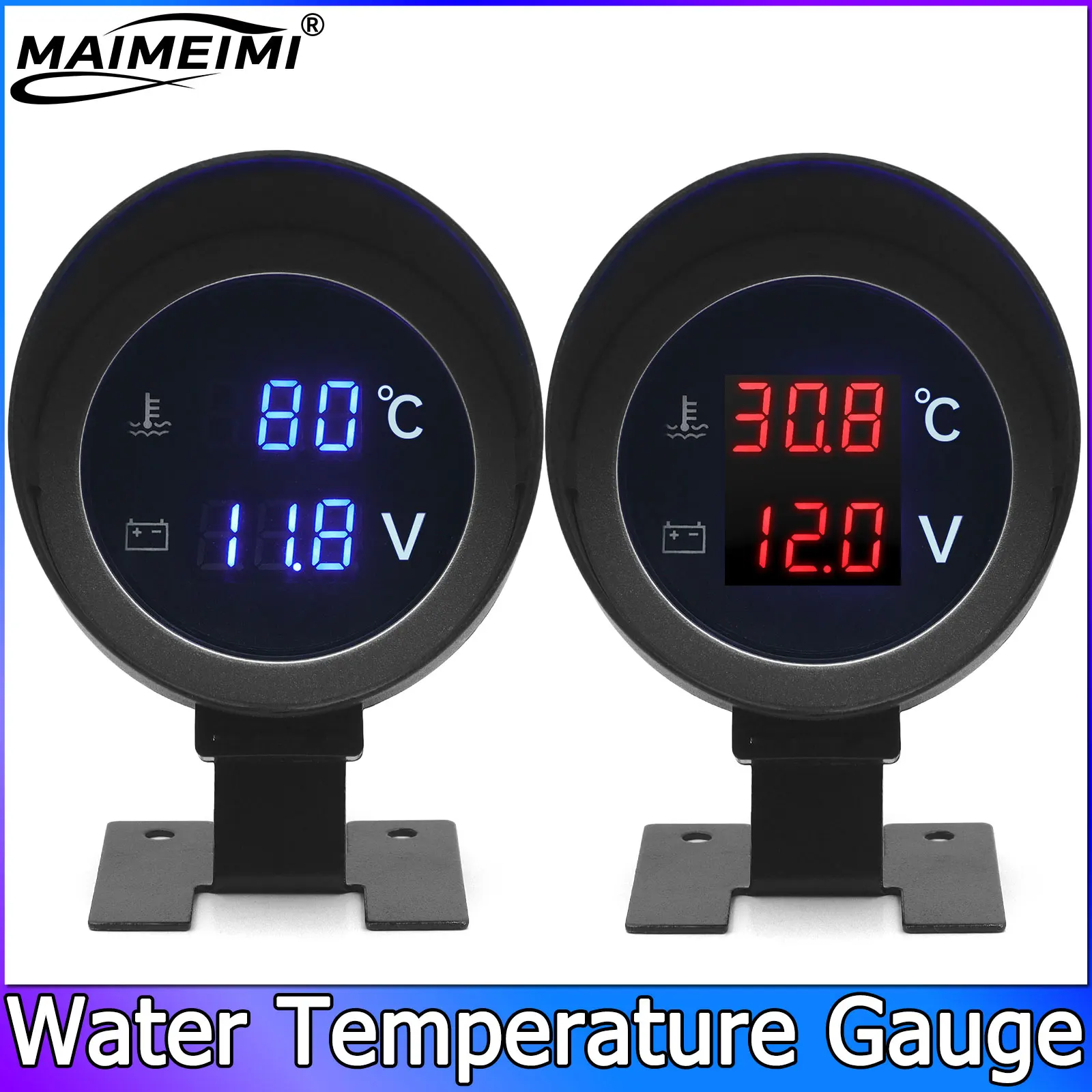 QC Round Water Temp Gauge Blue/Red Led Digital Car Truck Temperature Meter + Sensor  Voltmeter Volt Voltage Meter 2in1 12V 24V