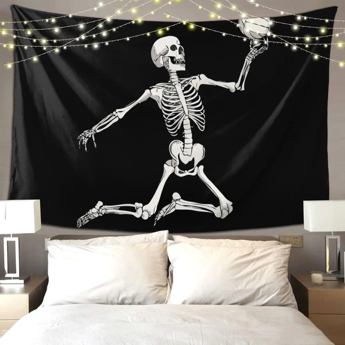 Skeleton Playing Volleyball Tapestry Hippie Wall Hanging Aesthetic Home Decoration Tapestries for Living Room Bedroom Dorm Room