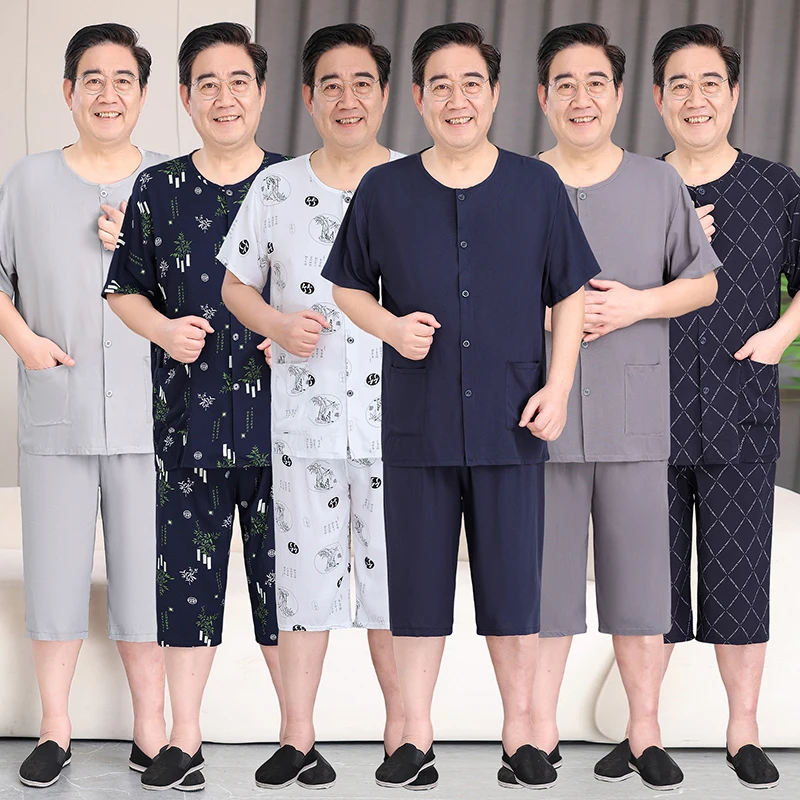 Summer Cotton Silk Set for Middle-Aged And Elderly Men Short Sleeve T-Shirt Cardigan Set Artificial Cotton Two-Piece Set