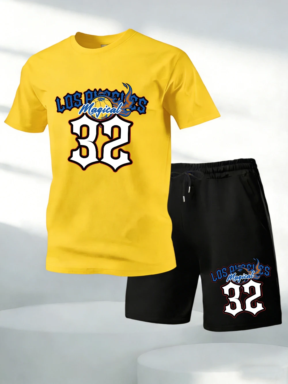 

Two Pieces Set Los Angeles Magical 32 Printed Cotton Tops Shorts Mens Soft O-Neck Oversized T-Shirts Pocket High Waisted Pants
