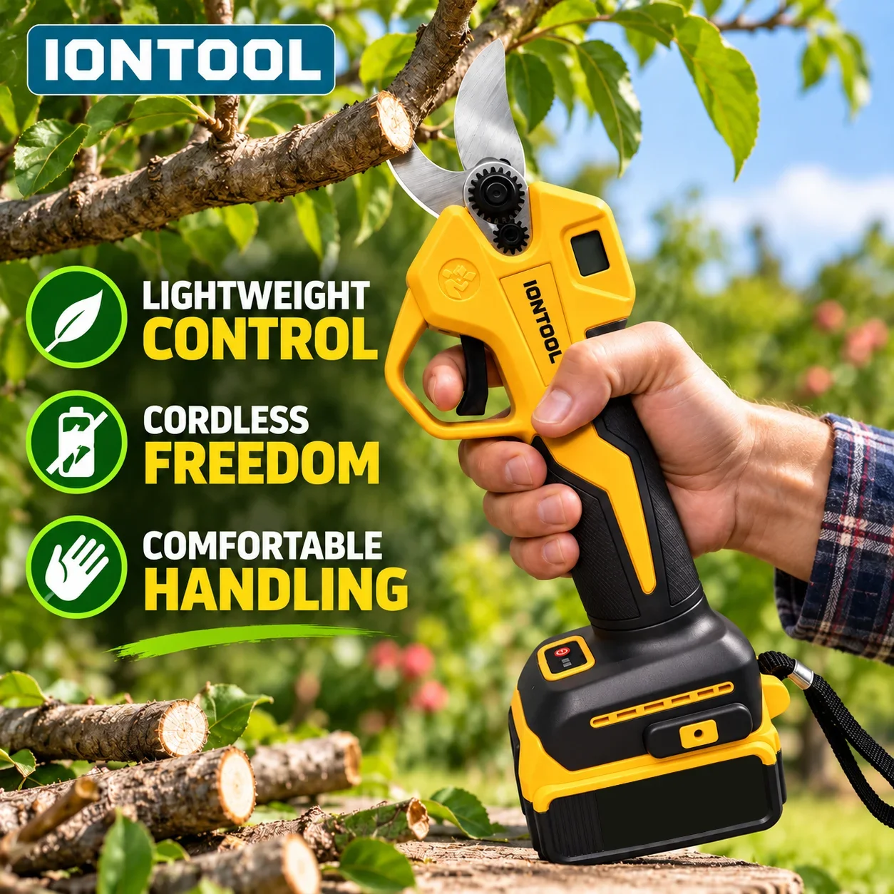 IONTOOL Cordless Electric Pruning Shears Yellow 3.0CM for Vineyard Maintenance Bush Trimming and Household Garden Pruning Work