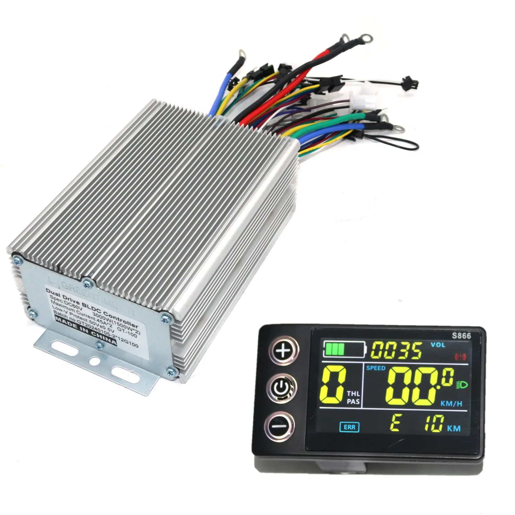 GREENTIME Dual Drive 48/60/72V 3000W Sine Wave Brushless DC Motor Controller Electric Scooter E-bike Driver and S866 One Set