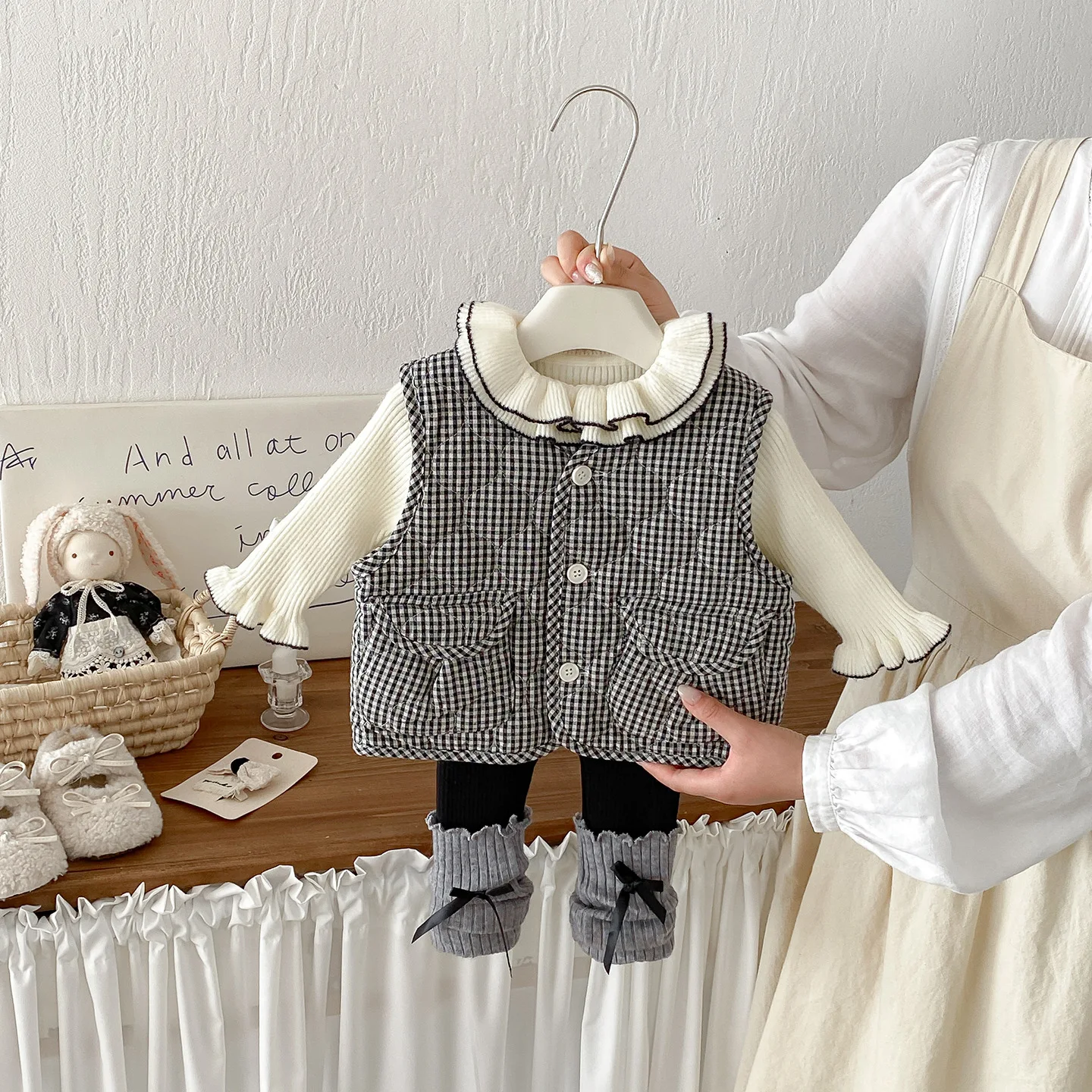 Baby and toddler winter double lapel sweater plaid vest women's treasure with thick pile woolen pants