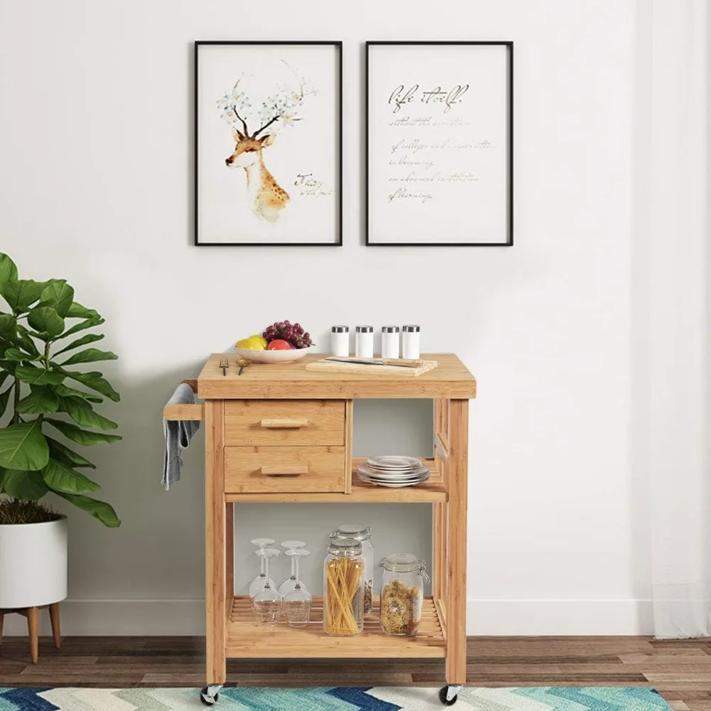 عربة مطبخ دوارة من الخيزران مع درجين، وبار المناشف، وعجلات العجلات