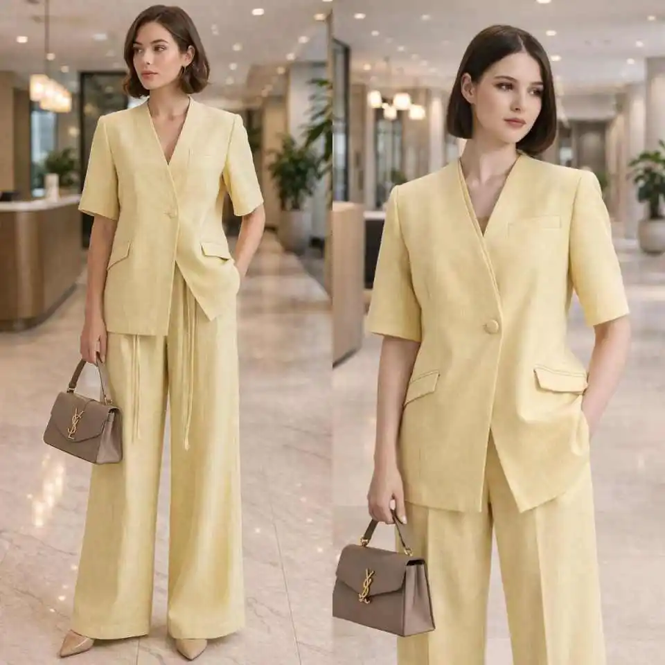 Fresh Yellow Linen Blend V-Neck Short Sleeve Women's Suit 2 Piece Wide Leg Trousers Formal Office Outfit Custom Made M263879