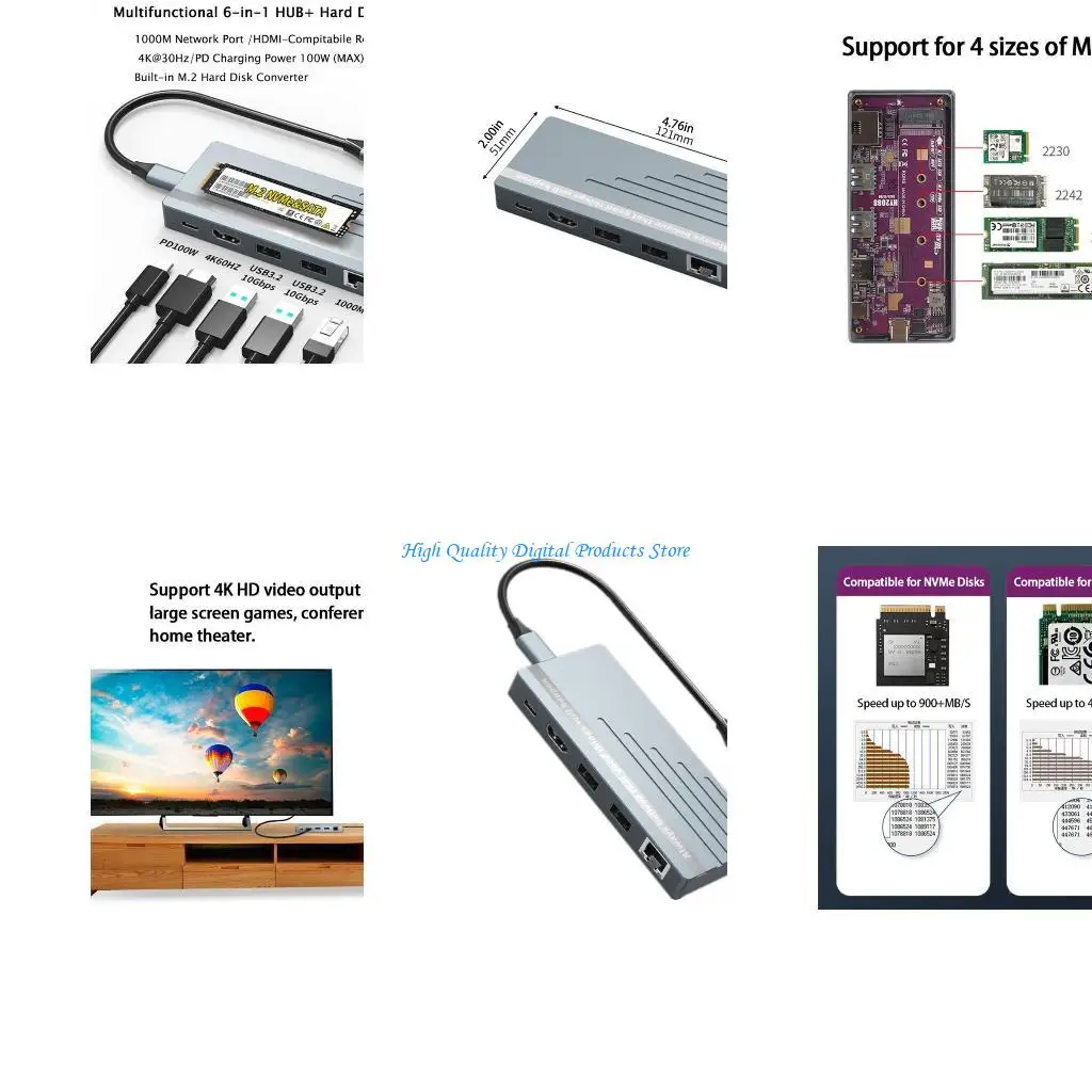 

Портативная док-станция U2JE 6-в-1 база SSD с 4K@60 Гц, совместимый с и Gigabit-Ethernet 2x USB3.2 Port