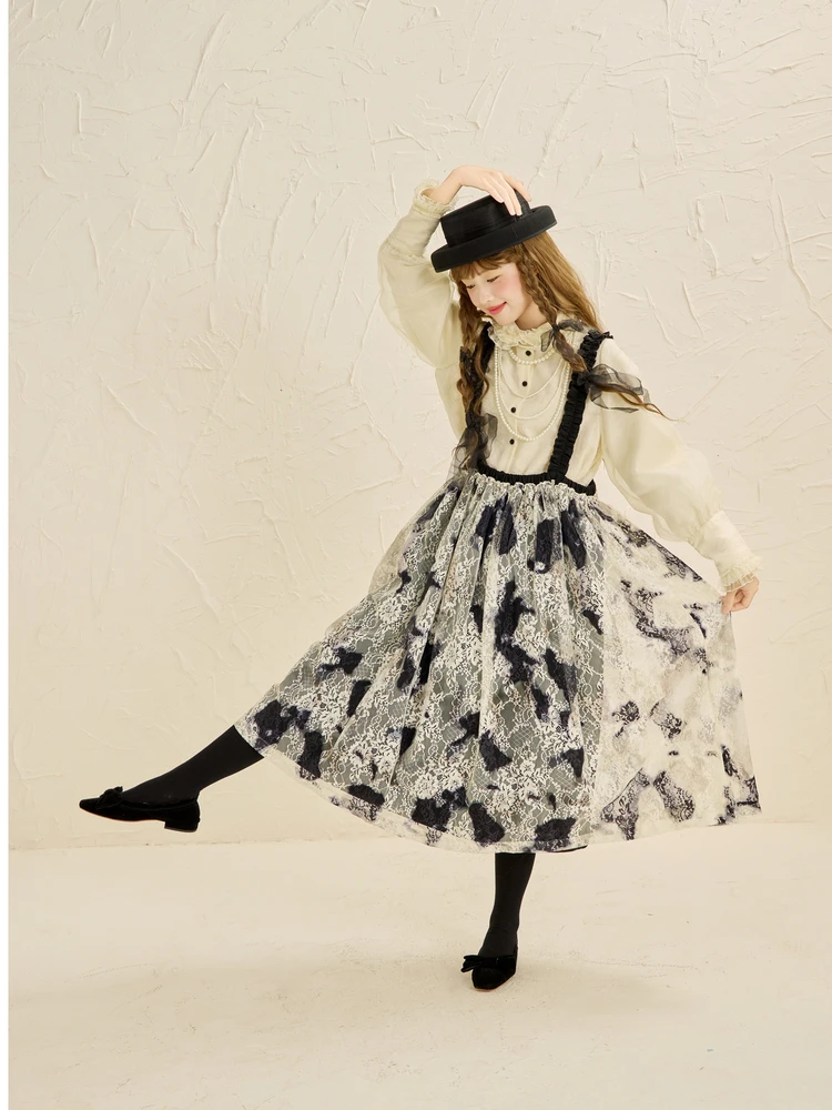 

Retro Sle Lace Trim ter Dr Skirt for Girls High Waist Pleated Texture A-Line Skirt Polyester Fiber Casual Wear