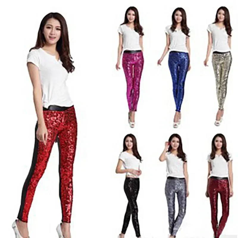 Shiny Sequin Pants Pantalon Femme Vintage Club Party Trousers Female Cargo Pants Women High Waisted Legging Faux Pu Leather