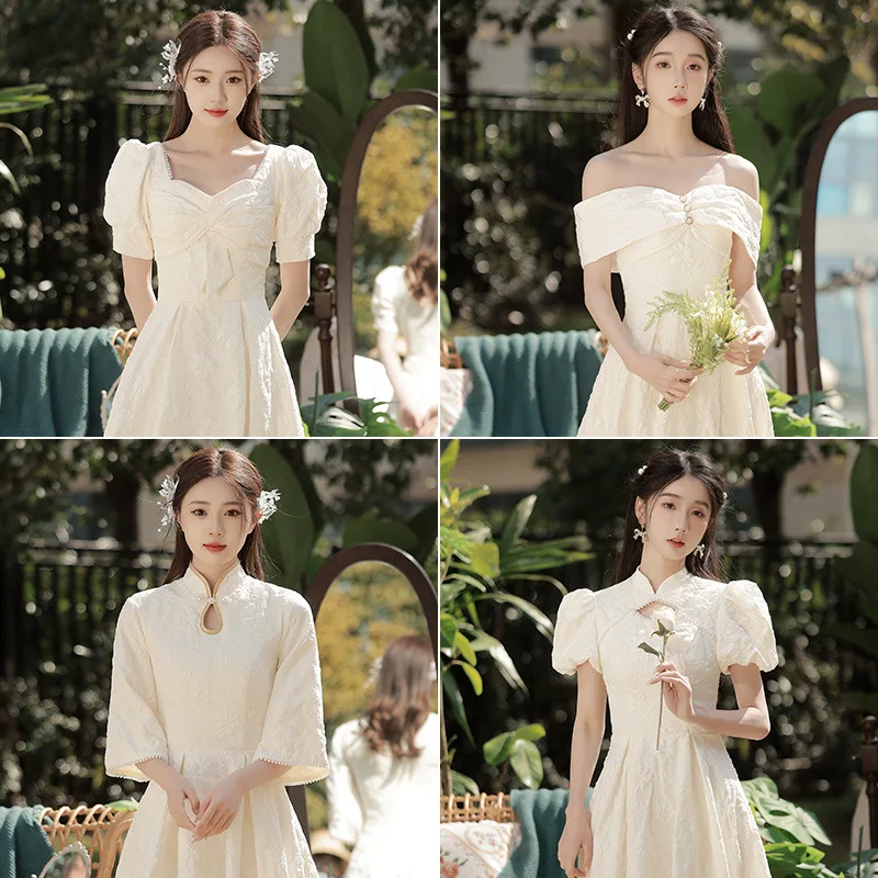 New Chinese Champagne Dress Long Slim Fit Bridal Bridesmaid Dresses Vintage Elegant Cheongsam Traditional Wedding Party Gown image 4