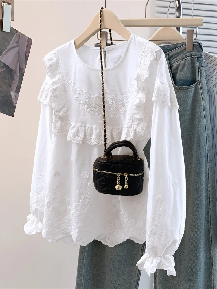 Artistic Design Embroidered Hook Flower Doll Shirt Girl Style Cotton Linen Blend Long Sleeve round Neck Breathable Casual Shirt