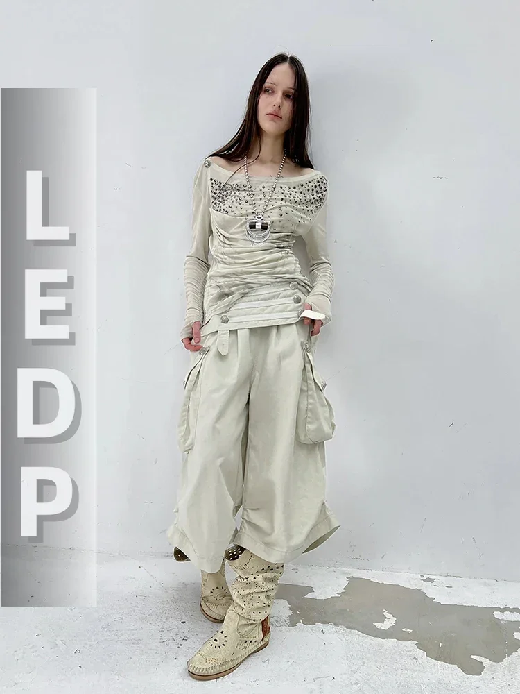 IMU Fold Over Cargo Carpi Pants Woman Vintage Button Decor Elastic Waist Pleat Baggy Causal Pants Y2K Alternative Clot