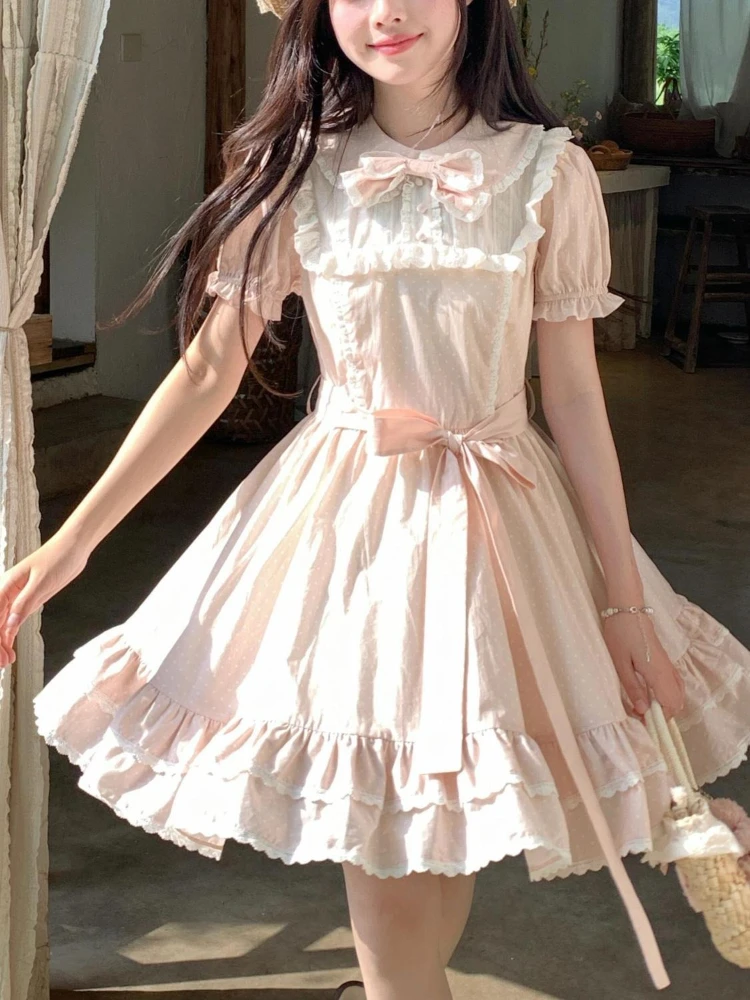 Letnia Słodka Różowa Sukienka z Bufiastymi Rękawami i Kokardą Damska Projekt Casual Nowe Sukienki Patchwork Elegancka Nowa Moda Sukienki Krótkie w Linii A