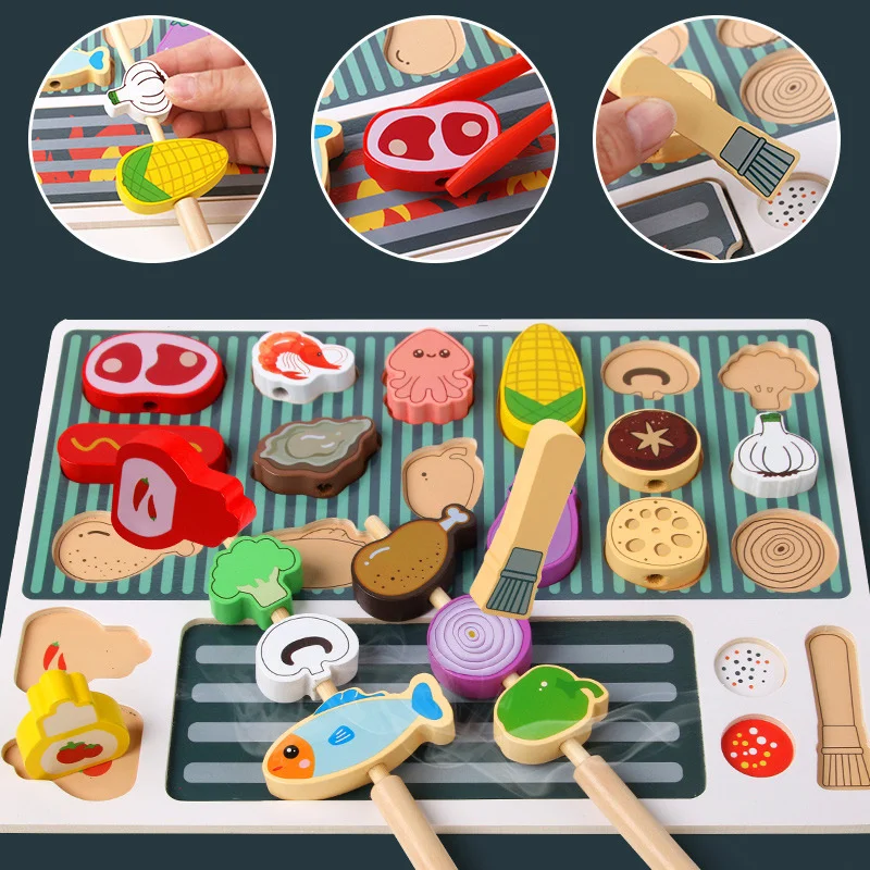 

Wooden Fun Barbecue Pretend Toys Role-playing Parent-child Interactive Educational Enlightenment Toy Simulated Barbecue Toy Set