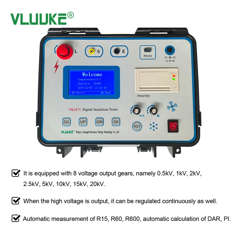 VLUUKE 20kV Intelligent Insulation Resistance Tester 0-5TΩ Digital Megohmmeter with Printer High Voltage Meter Anti-Interference