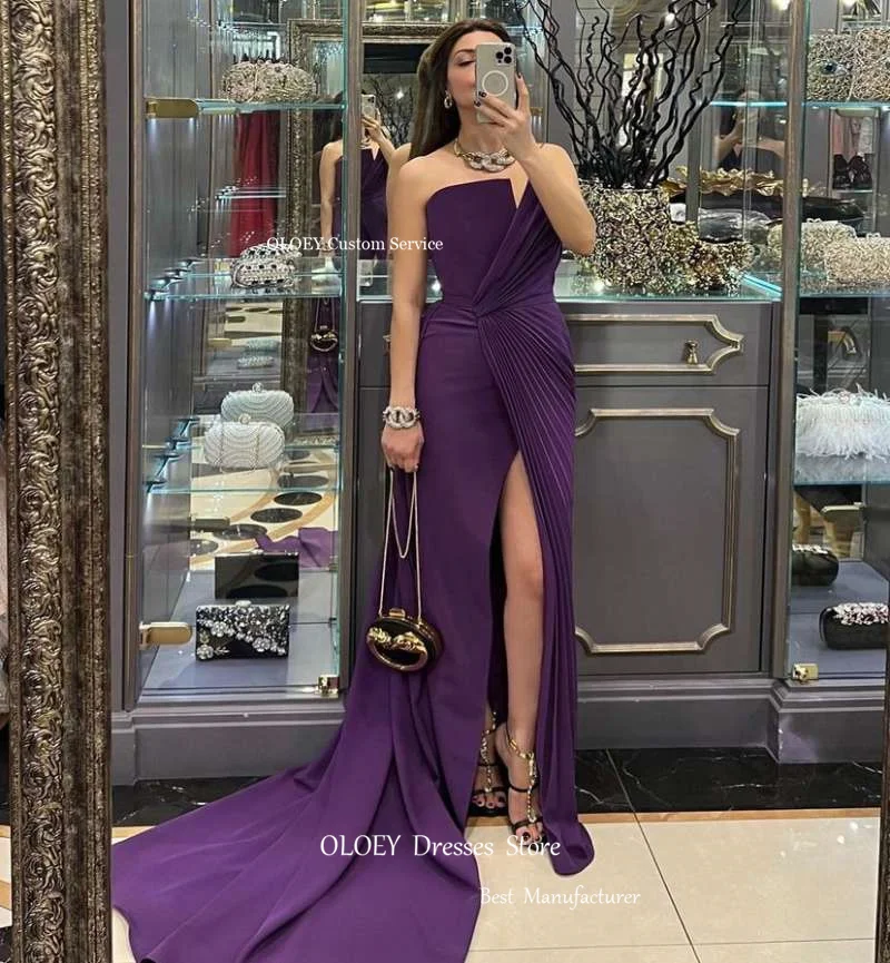 OLOEY-Robe de soirée longue en satin violet raisin, tenue de Rhde standing, sans bretelles, plissée, fendue, dubaï, arabe, blush, rose