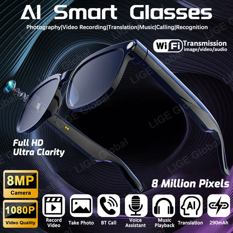 LIGE 8MP AI Camera Smart Glasses HD 1080P Shoot Video Voice Assistant Call Music Player Translate Sunglasses Photo Recognition
