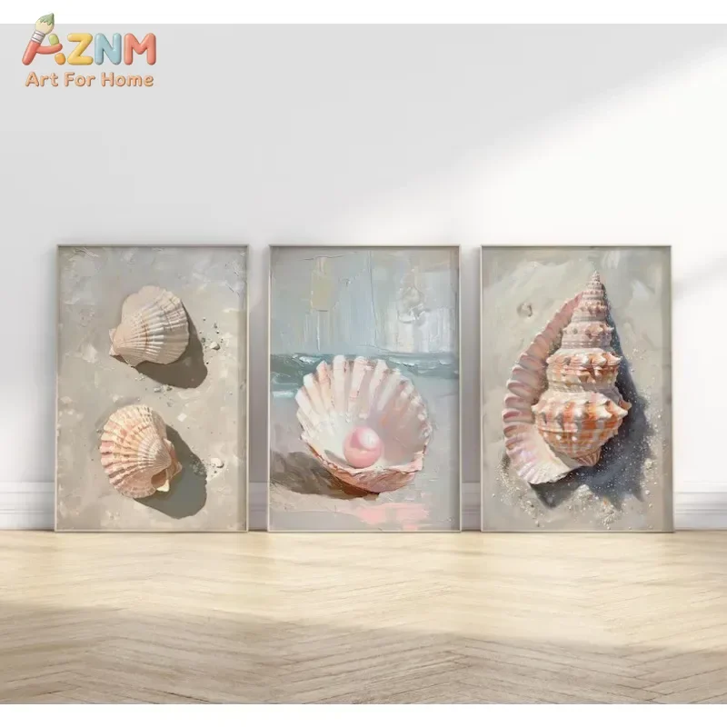 AZNM Soft Pastel Seashell Oil Painting Canvas Wall Art Coastal Beach Conch Shell Muted Neutral Tone Vintage Ocean Art Print Farm