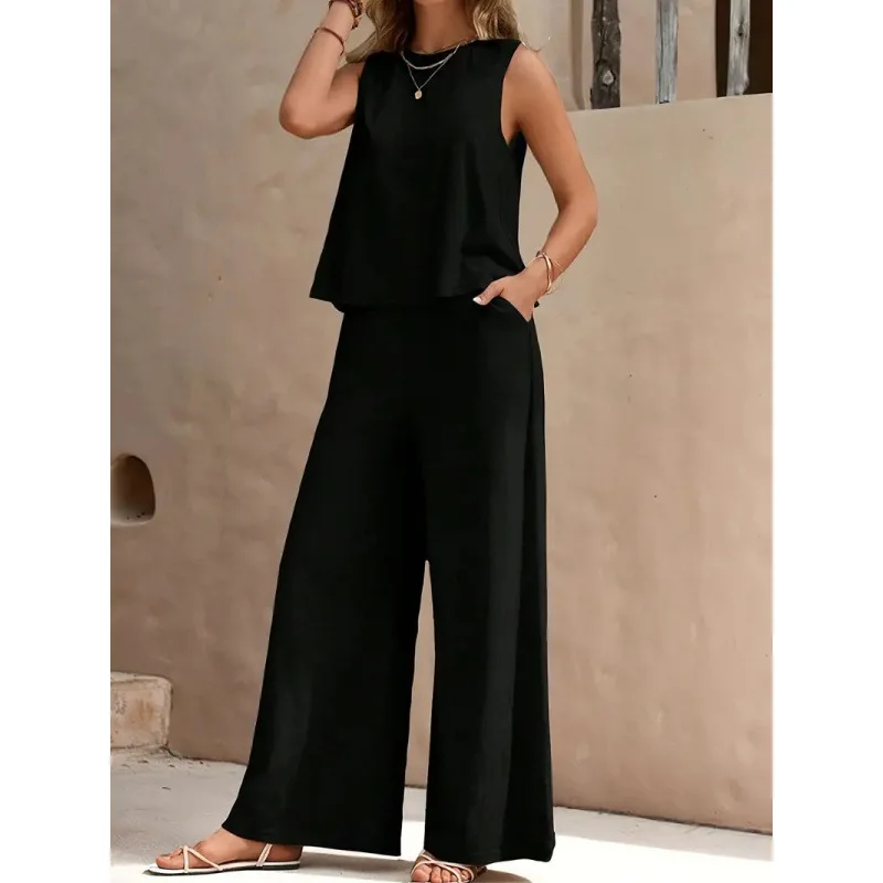 Batch 2026 Europe, America, Popular Solid Color Elegant Two-piece Set Crew Neck Vest And Wide-leg Pants Set