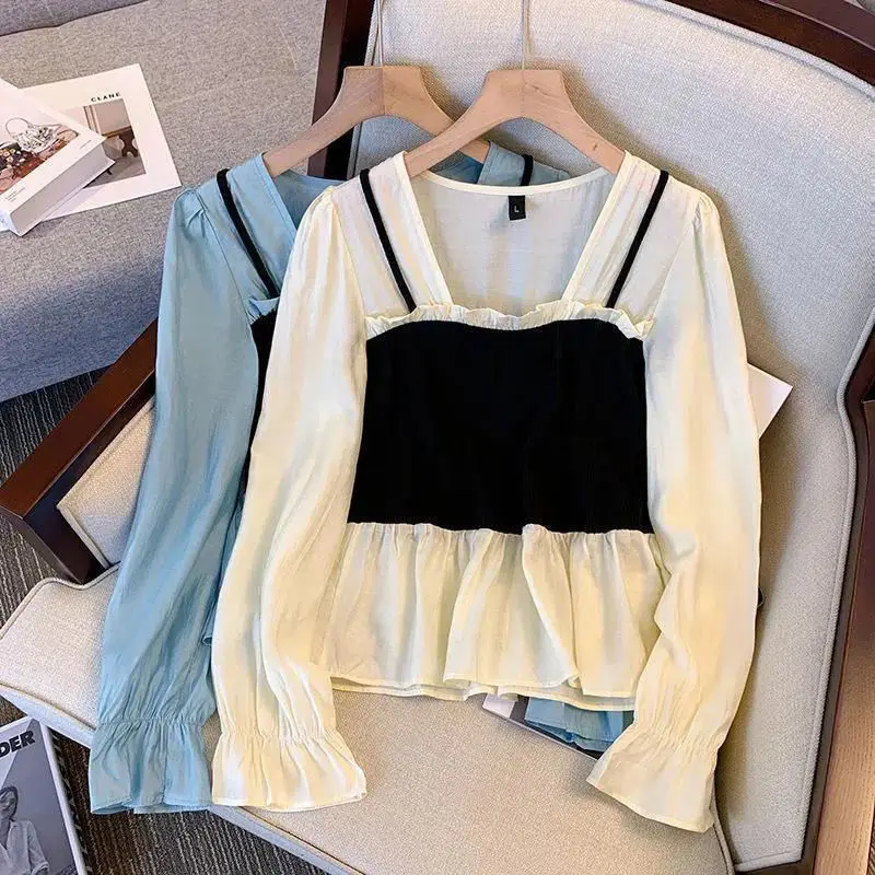 Xiaoxiangfeng copre il suo stomaco falso due camicie bianche primavera delle donne nuovo Look dimagrante Versatile Pullover Top Base Shirt